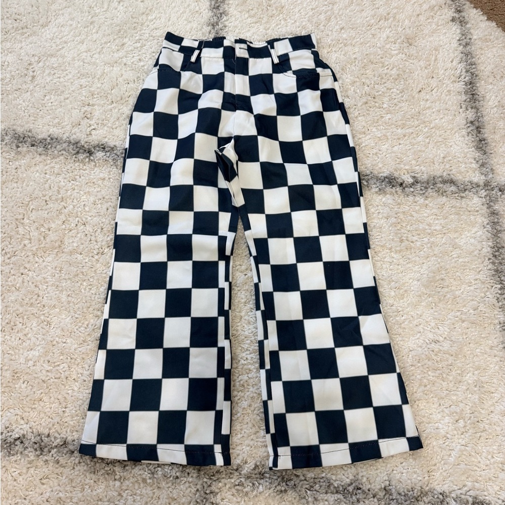 Black & White Checkerboard Boot Cut Pants - Women
